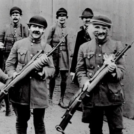 Image similar to old wartime photograph of the beatles carrying lewis guns, 1 9 1 7