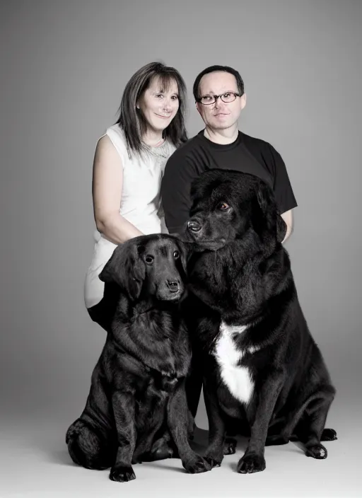 Image similar to a family portrait of a husband, wife, and their black dog. 9 0 s, studio lighting, mamiya, bulb flash