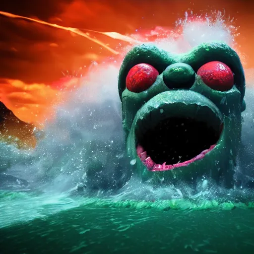 Prompt: the pain is splattered on the sad monster's green face while huge waves crash against him on a dark night, water sprays into the air, hints of red and yellow, fantasy, unreal engine