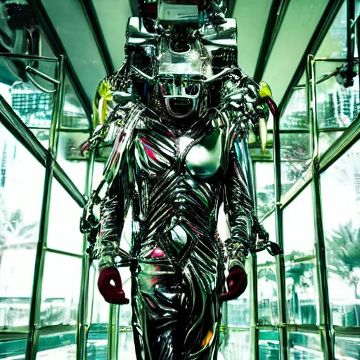 Prompt: conde nast traveler photo, inside a futuristic detailed alien jungle made out of shiny reflective chrome, futuristic android with limbs made out of stretchy rubber tubing mixed with shiny colorful giant intricate detailed chrome gauntlets and chest piece and luchador mask, fog and mist