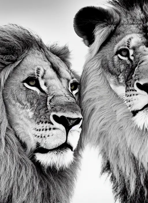 Image similar to very close lion and lioness black and white portrait white sky in background