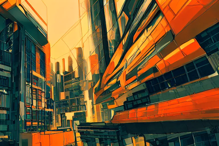 Prompt: studio gainax art, orange government building in a city, modern glass architecture, cyberpunk, intricate electronics, moody lighting