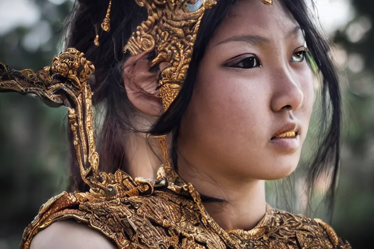 Image similar to close - up photo of a beautiful khmer warrior princess in a battle scene, detailed eyes, shallow depth of field, photorealistic, cinematic lighting, lovely bokeh, warm colours, dusk