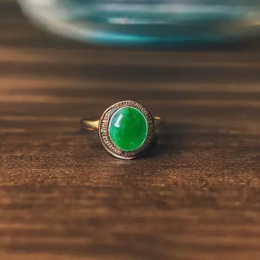 Prompt: macro shot of a jade ring sitting on a table