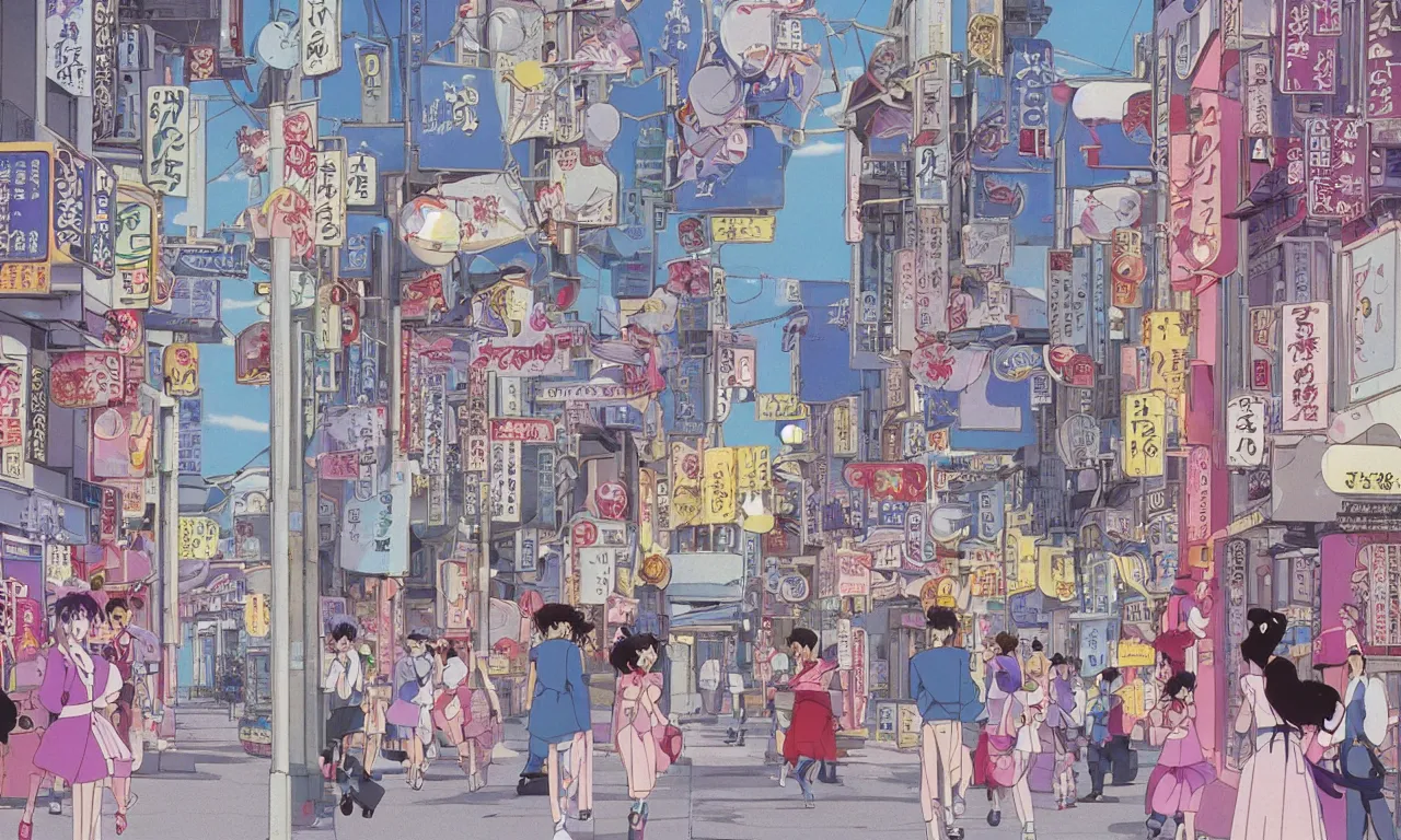 Prompt: A film still from a 1990s Sailor Moon cartoon of a dreamy cute stree in Japan, by Studio Ghibili