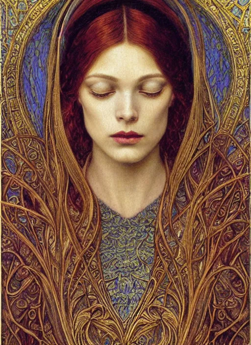 Image similar to detailed realistic beautiful young medieval queen portrait by jean delville, art nouveau, symbolist, visionary, gothic