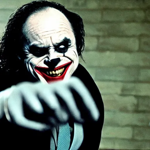 Image similar to Danny Devito as The Joker, still image from Batman movie