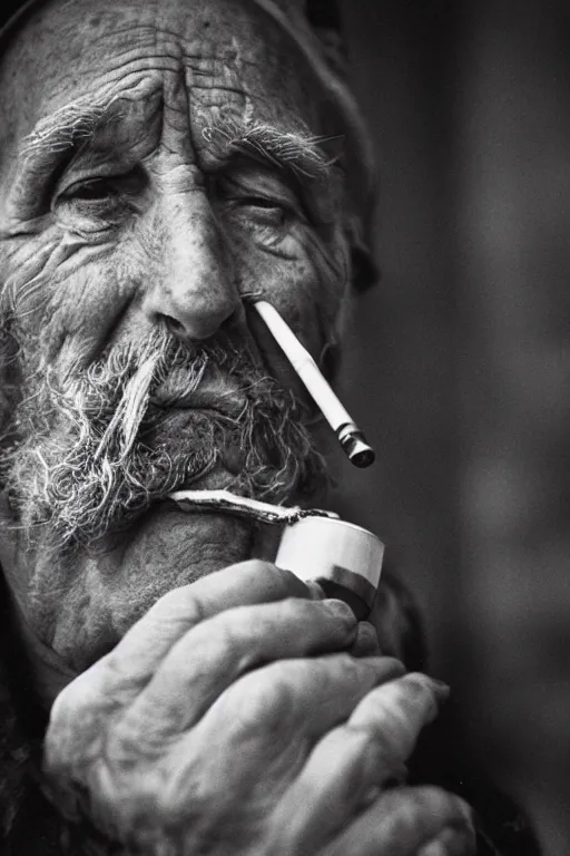 Prompt: A close-up portrait of an old, weary, wrinkly sailor smoking a pipe, Kodak Tri-X 400, 85mm