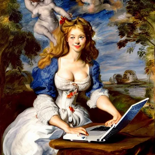 Image similar to heavenly summer sharp land sphere scallop well dressed lady working on her laptop auslese, by peter paul rubens and eugene delacroix and karol bak, hyperrealism, digital illustration, fauvist, looking at her imac laptop