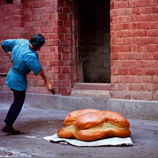 Prompt: portrait of a baker fighting bread trying to escape the oven, by Steve McCurry and David Lazar, natural light, detailed face, CANON Eos C300, ƒ1.8, 35mm, 8K, medium-format print