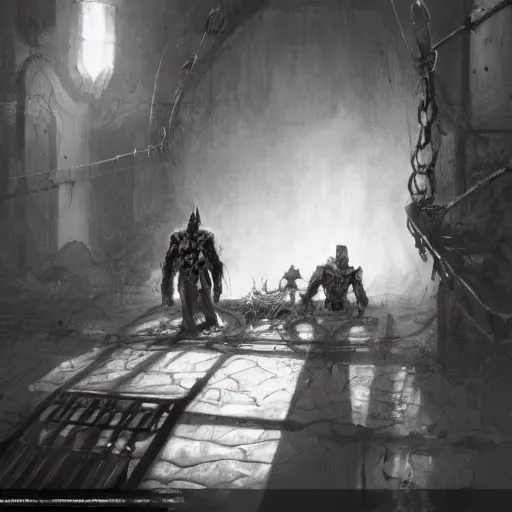 Image similar to a concept art of a paladin lyind dead in a cell with a ratman noticing his death. dungeon. volumetric lighting. rutowsky, craig mullins.