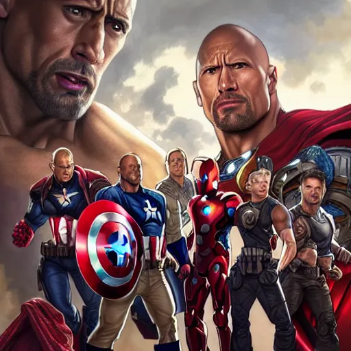 Image similar to A group photo of the Avengers but it's all Dwayne Johnson, western, D&D, fantasy, intricate, elegant, highly detailed, digital painting, artstation, concept art, matte, sharp focus, illustration, art by Artgerm and Greg Rutkowski and Alphonse Mucha