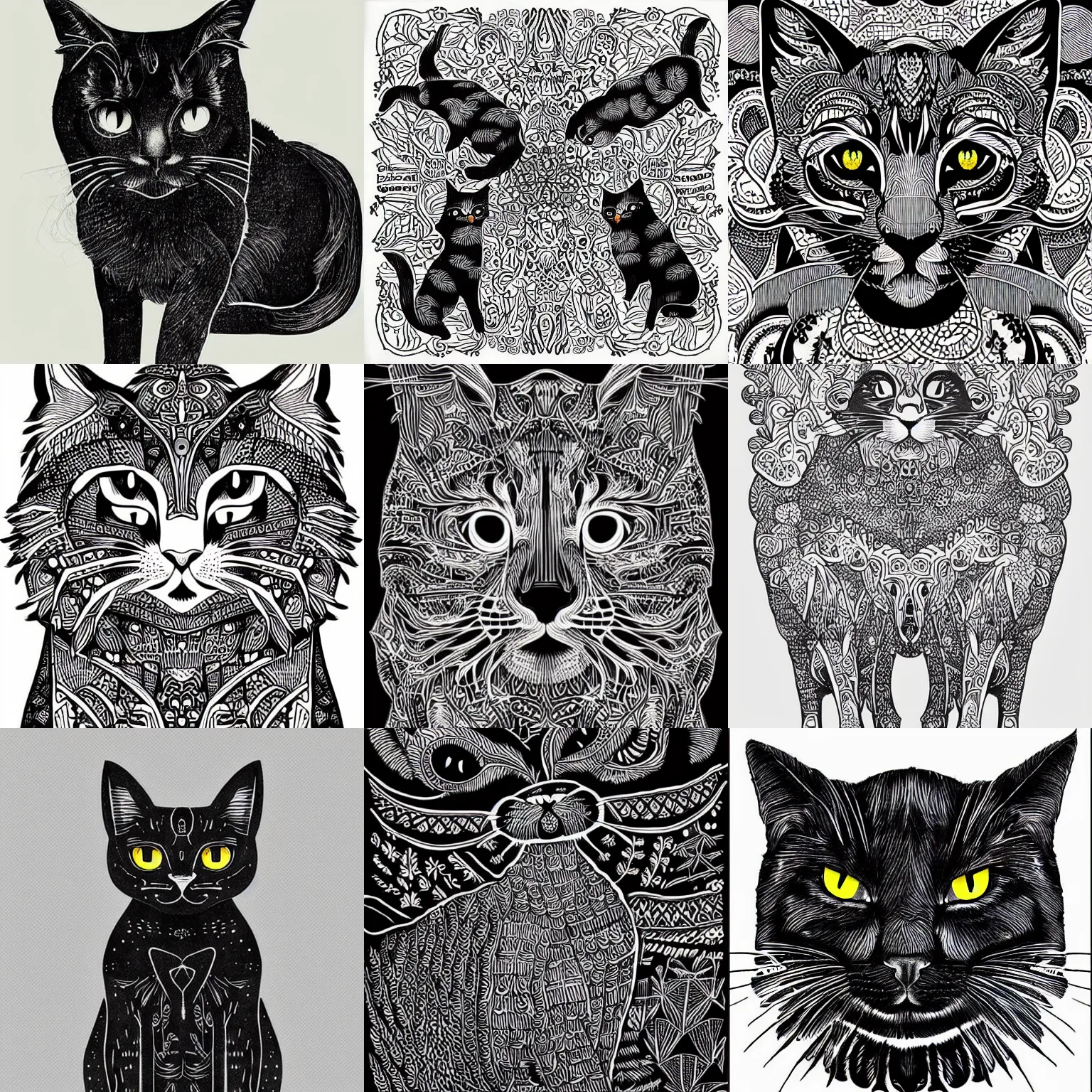 Prompt: fluffy black cats intricately inked in illustrations by kamweiatwork