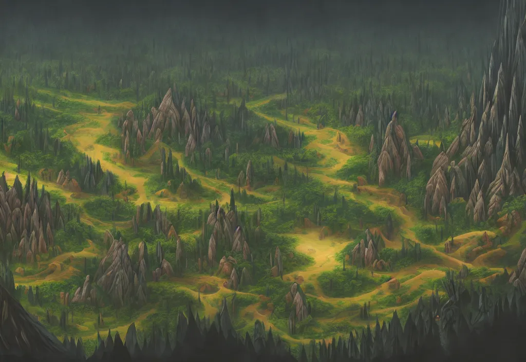 Image similar to blurry aerial view of the background of a forest that leads to a endless pit in the foreground, stylised painting, forest, medieval architecture, dynamic lighting, aesthetics, smooth, d & d, fantasy, asymmetrical, intricate, elegant, matte painting, illustration, hearthstone