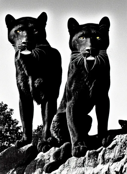 Image similar to two black panthers black and white portrait white sky in background