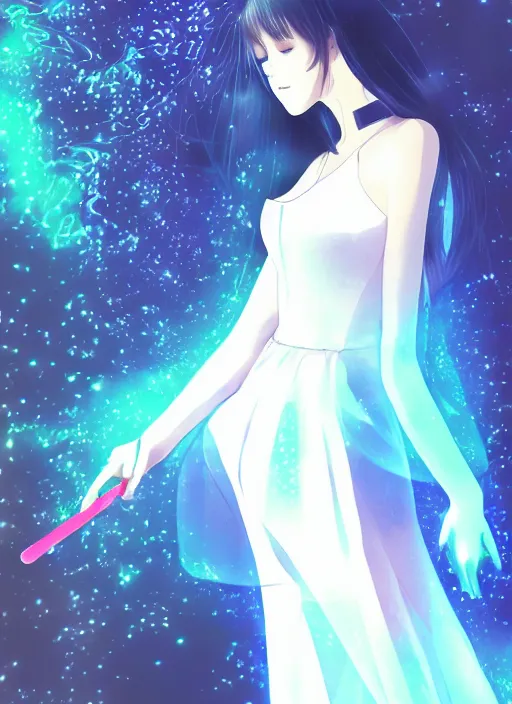 Image similar to a woman in a white dress is holding a hair brush, a hologram by muqi, trending on pixiv, neo - figurative, official art, anime aesthetic, booru