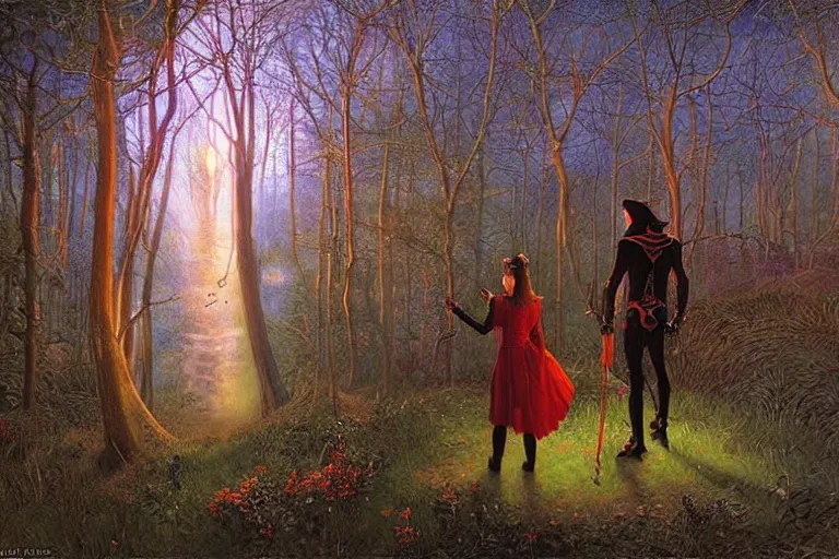 Image similar to the scarlet witch awaits her pursuers, victorian hunters, night time, deep forest, highly detailed, focus, mist nizovtsev, victor