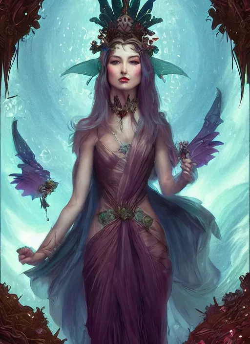 Image similar to tarot!!, fairy queen, fantasy medieval, no noise, elegant, concept art, sharp focus, beautiful face!!, digital art, smooth defined outlines!!, by Brom!!!!!, Guangjian Huang, trending on Artstation, Tom Bagshaw, Sargent