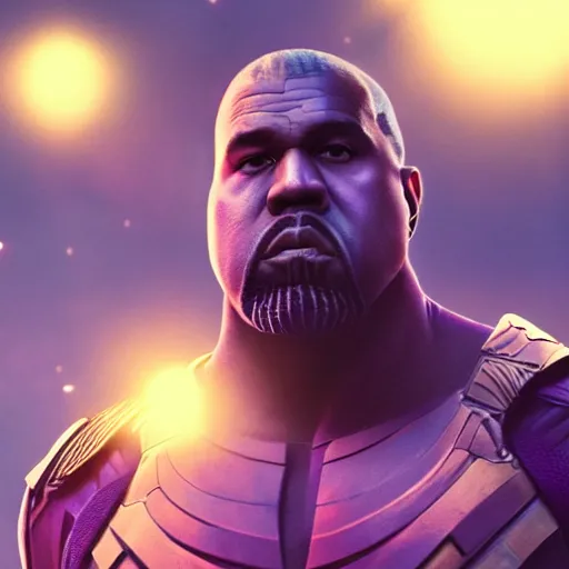 Image similar to Portrait of Kanye West as thanos, splash art, movie still, cinematic lighting, dramatic, octane render, long lens, shallow depth of field, bokeh, anamorphic lens flare, 8k, hyper detailed, 35mm film grain