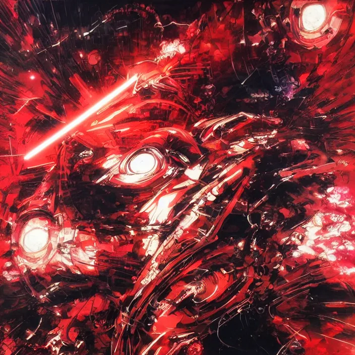 Image similar to cyborg with glowing red eyes, clouds, lasers, painting by greg ruthowski, yoshikata amano, yoji shinkawa, alphonse murac, collaborative artwork, beautifully drawn, heavily detailed