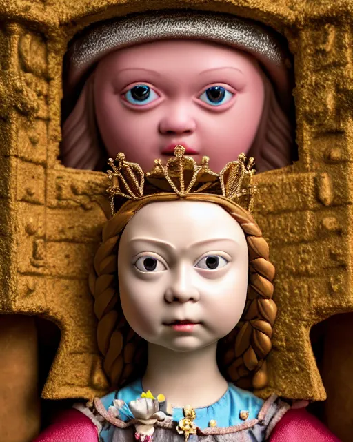 Image similar to closeup profile medieval jan van eyck face portrait of tin toy greta thunberg as a fairytale princess wearing a crown eating cakes in the castle, bikini, nicoletta ceccoli, mark ryden, lostfish, max fleischer, depth of field, detailed and intricate environment, 8 k resolution, hyperrealistic, octane render