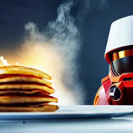 Prompt: master chief wearing a chef hat cooking a stack of pancakes hyper real, 8k, colorful, 3D cinematic