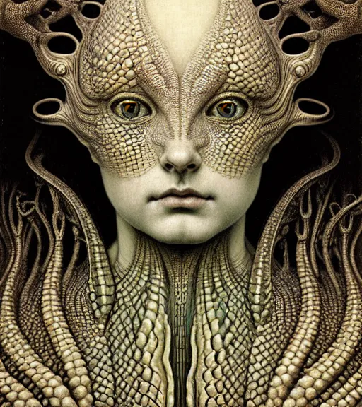 Image similar to detailed realistic beautiful lizard goddess face portrait by jean delville, gustave dore, iris van herpen and marco mazzoni, art forms of nature by ernst haeckel, art nouveau, symbolist, visionary, gothic, neo - gothic, pre - raphaelite, fractal lace, intricate alien botanicals, ai biodiversity, surreality, hyperdetailed ultrasharp octane render