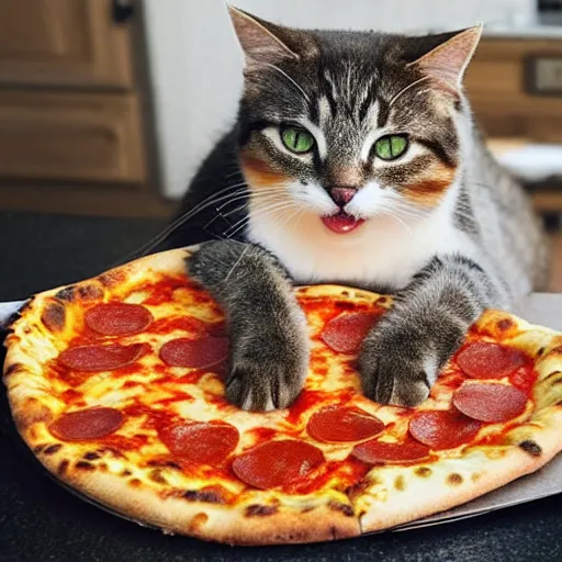 Prompt: cat eating a slice of cheesy pizza, cat eating, pizza in a cat's mouth, eating a pizza, paws holding pizza, cat eating a slice, cat holding pizza slice, cat holding pizza slice