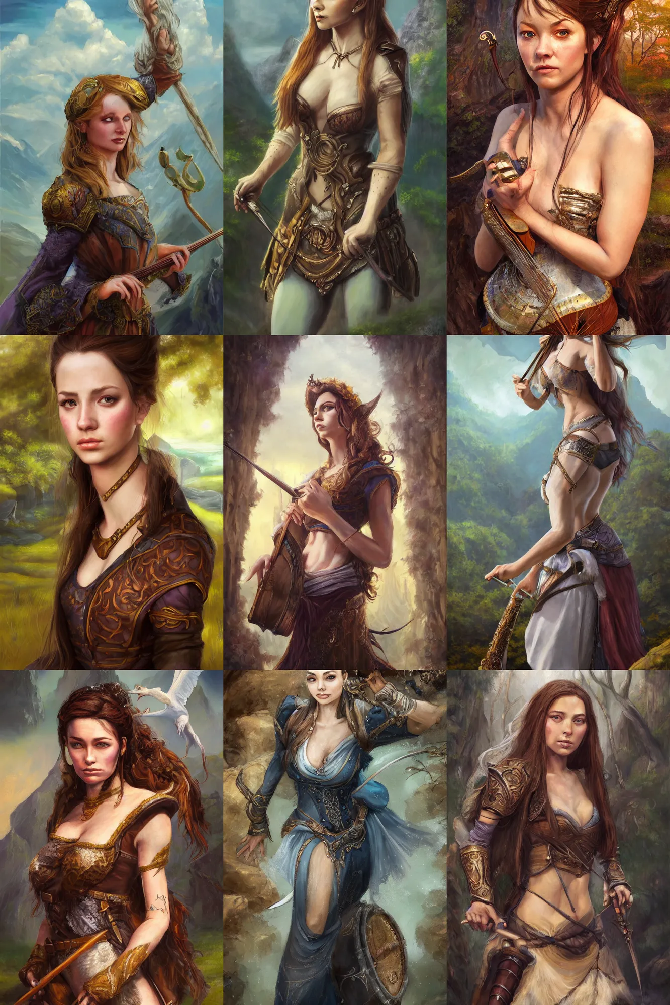 Prompt: a full body high detail fantasy portrait oil painting illustration of a single beautiful bard woman by justin sweet with face and body clearly visible, in a scenic background, pretty eyes, realistic proportions, d & d, rpg, forgotten realms, artstation trending, high quality, sombre mood, artstation trending, muted colours, entire person visible!