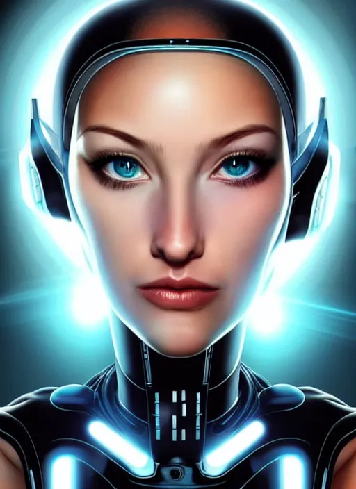 Image similar to portrait of a cyborg woman who turns her head to the (((((right))))) left!!! (((((up))))) ((((((((((down)))))))))) by Artgerm,eyes closed , biomechanical, hyper detailled, trending on artstation