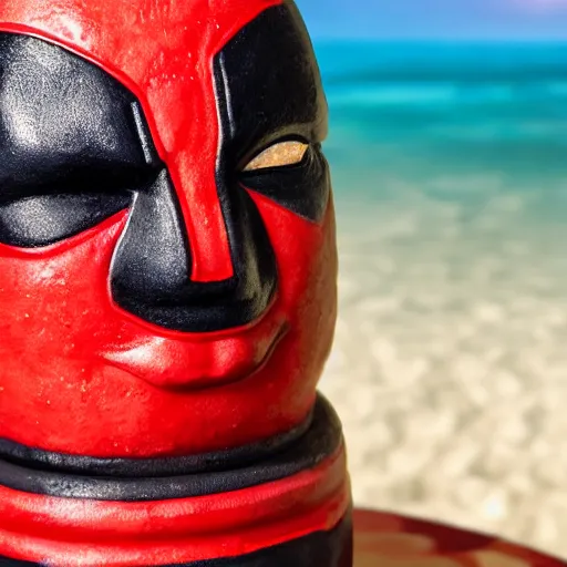 Image similar to a closeup photorealistic photograph of a deadpool style tiki mug sitting at a trader vic's beach bar featuring the face of deadpool. tiki party. bright scene. fine detail. this 4 k hd image is trending on artstation, featured on behance, well - rendered, extra crisp, features intricate detail, epic composition and the style of unreal engine.