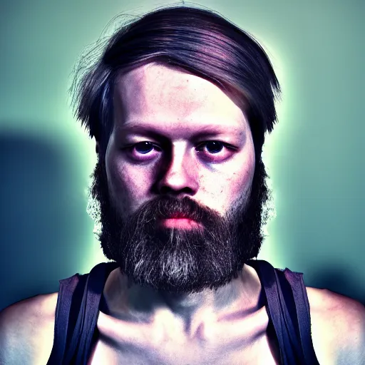 Image similar to Dennis Ritchie, grungy, unkept hair, glowing eyes, modelsociety, radiant skin, huge anime eyes, RTX on, perfect face, directed gaze, intricate, Sony a7R IV, symmetric balance, polarizing filter, Photolab, Lightroom, 4K, Dolby Vision, Photography Award