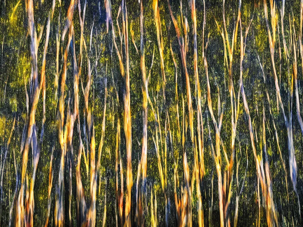 Image similar to double exposure photograph of tens of eucalyptus trees, flash exposure, autumn, in the style of edward steichen and pollock, sony ar 7 ii