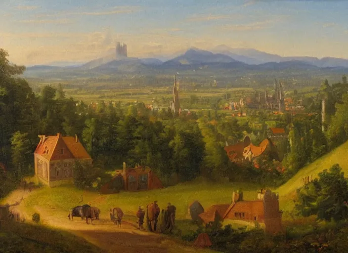 Prompt: nurburg and the surrounding area, germany in the style of hudson river school of art, oil on canvas