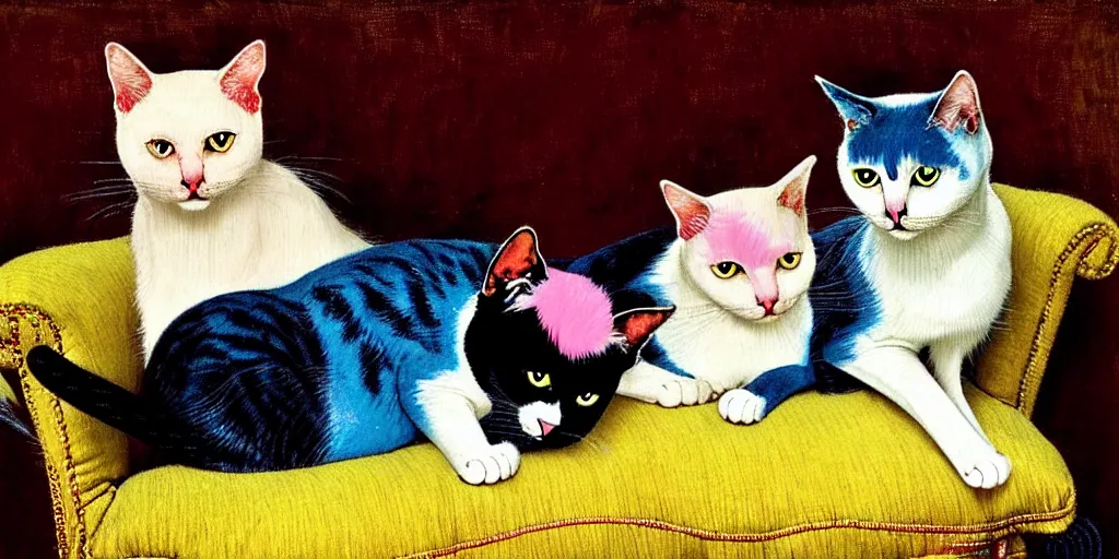 Prompt: two cats on an old armchair, blue and white hair, yellow and pink hair, style of norman rockwell