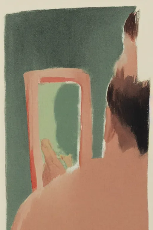 Image similar to man looking into a mirror, 1960’s minimalist advertising illustration, painterly, expressive brush strokes