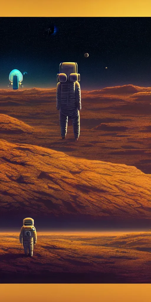 Prompt: a lonely astronaut on a amazing alien landscape and the universe, digital art, breathtaking, golden ratio, extremely detailed, establishing shot, hyperrealistic, cinematic lighting, particles, unreal engine, simon stålenhag, rendered by Beeple, Makoto Shinkai, syd meade, simon stålenhag, Ruan Jia, Kentaro Miura, environment concept, artstation, octane render, 4K UHD image