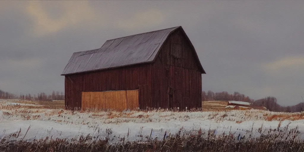 Image similar to a barn in the morning sun, ominous sky, winter, snow, countryside, peter sculthorpe, painting, artstation