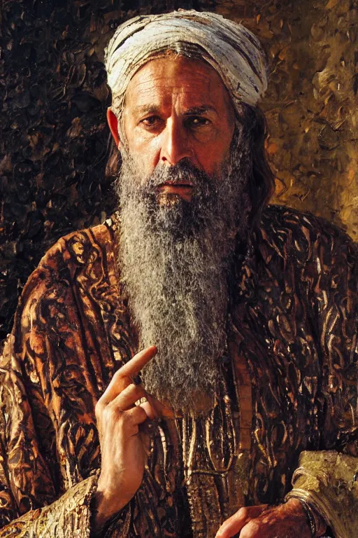 Image similar to highly detailed palette knife oil painting of a historically accurate depiction of the ancient biblical israeli king solomon, wealthy, wise, by Peter Lindbergh, impressionistic brush strokes, painterly brushwork