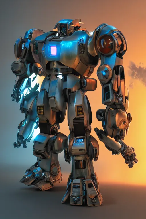 Image similar to mechwarrior 5 : mercenaries mech megaman transformer robot boss tank engine game octane render, 4 k, hd 2 0 2 2 3 d cgi rtx hdr style chrome reflexion glow fanart, global illumination ray tracing hdr fanart arstation by ian pesty by jesper ejsing pixar and disney unreal zbrush central hardmesh