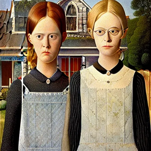 Prompt: Painting of Elle Fanning and Dakota fanning, American gothic style, by Grant Wood. 8K. Extremely detailed.