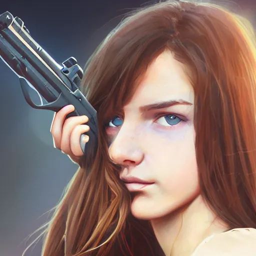 Image similar to portrait of a brunette thin teenager girl with blue eyes wearing school uniform aims a gun, light stubble, digital art,photorealistoc,art by greg rutkowski,hyperdetailed,western comic style,comic,comic style,sharp lineart,professional lighting,deviantart,artstation,trevor henderson,rossdtaws,cinematic,dramatic