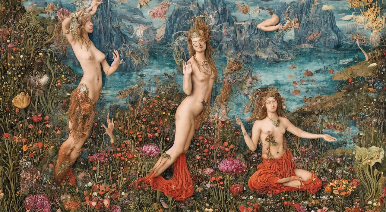 Prompt: a meditating druid mermaid surrounded by flowers. her skin is covered in scales and feathers. landscape with mountains, river and burning stars. painted by jan van eyck, max ernst and ernst haeckel, trending on artstation, 8 k, award winning, hard lighting, fashion editorial, mythology, photorealistic, ernst fuchs, bodhisattva, burning fire