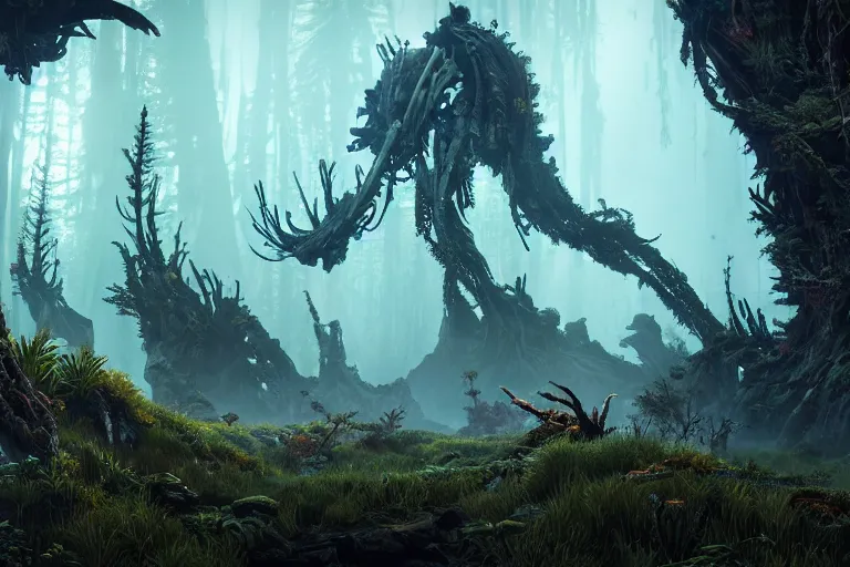 Image similar to wide epic shot from horizon forbidden west. a hyper detailed organic mechanic creatuve realistic similar look as horizon forbidden west horizon zero dawn, bioluminiscence in a dark deep forest at dawn in spring, with reflection and textures, by kilian eng, substance painter reaslitic mech surface metal painted scratches, world env from horizon forbidden west horizon zero dawn