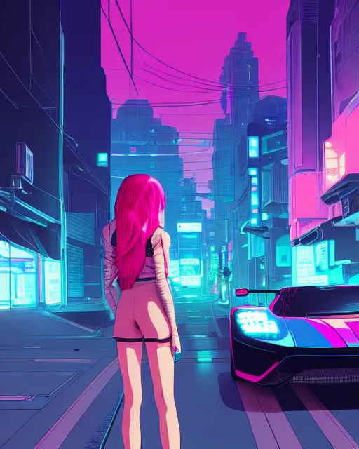 Image similar to digital illustration of cyberpunk pretty girl with pink hair, standing by a blue ford gt in a street at night, under streetlights, by makoto shinkai, ilya kuvshinov, lois van baarle, rossdraws, basquiat