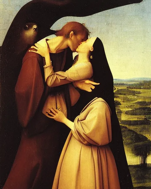 Prompt: The Kiss by Francesco Paolo Hayez painting by Hieronymus Bosch