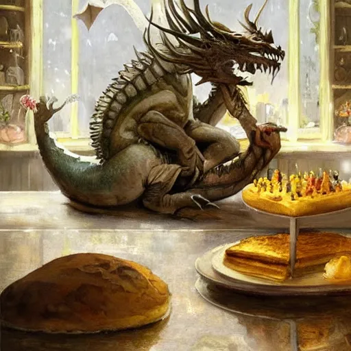 Image similar to Dragon made of cake, sleeping on the kitchen counter of a magical bakery, oil painting, by Fernanda Suarez and and Edgar Maxence and greg rutkowski