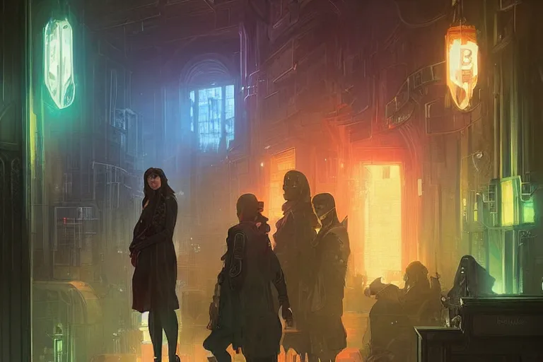 Image similar to Hogwarts cyberpunk, neon lighting, bird's-eye view, digital art from artstation by Ruan Jia and Mandy Jurgens and Artgerm and william-adolphe bouguereau and Greg Rutkowski and Wayne Barlowe