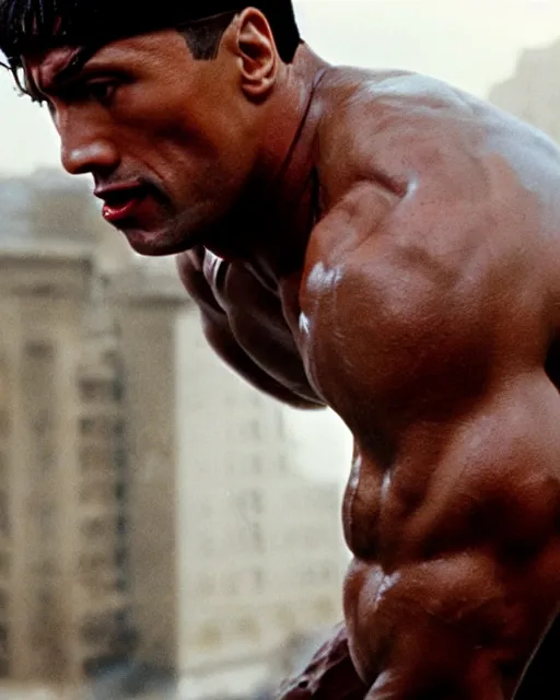 Image similar to Film still close-up shot of Dwayne Johnson as Rocky Balboa from the movie Rocky. Photographic, photography