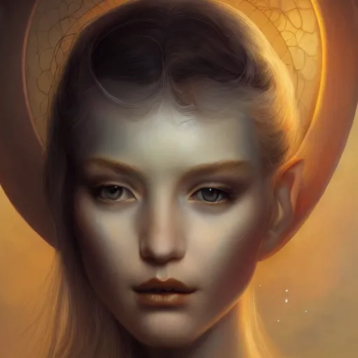 Image similar to a beautiful portrait of a celestial goddess by Jim Burns and Tom Bagshaw, Trending on Artstation, hands: -1